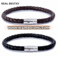 REAL BESTXY custom logo Mens Bracelets Stainless Steel Black Leather Bracelet Wristband Bangle Punk Style Fashion Jewelry Magnet